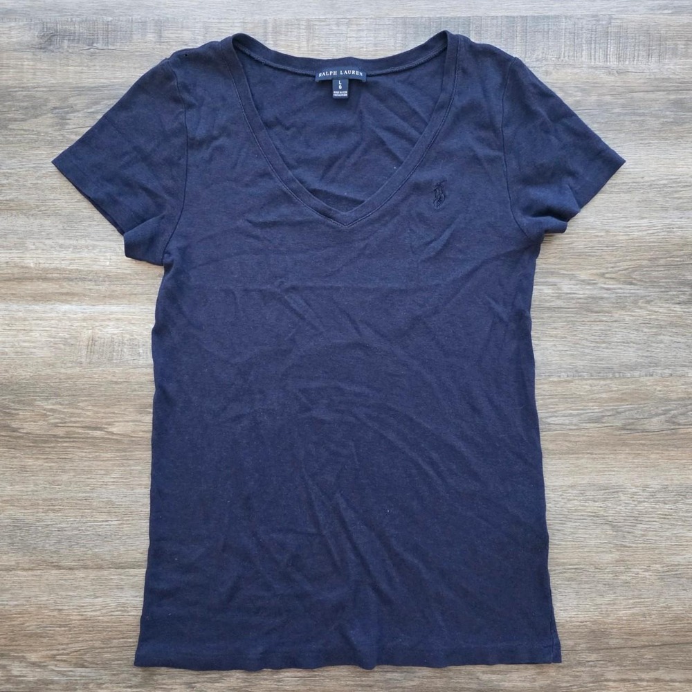 Ralph Lauren Womens Navy Blue V Neck Short Sleeve Pony Logo Tee Shirt Size L